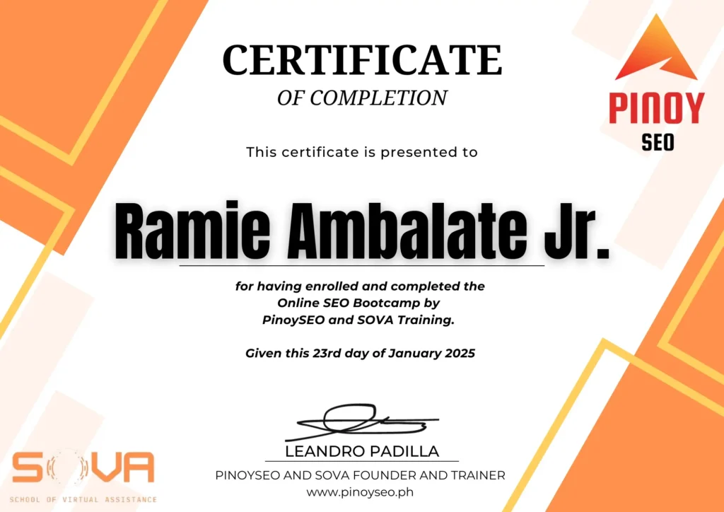 Certificate of completion from PinoySEO Bootcamp, an SEO training program in Cebu, highlighting skills in SEO services including on-page SEO, off-page SEO, and technical SEO strategies for aspiring SEO specialists.